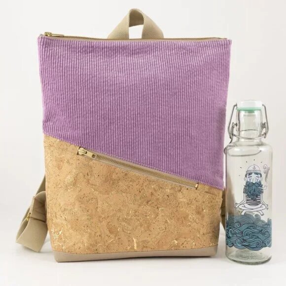 HANDMADE Noas Berlin Purple Lilac Corduroy/Natural Gold Beige Cork Backpack - Picture 7 of 8